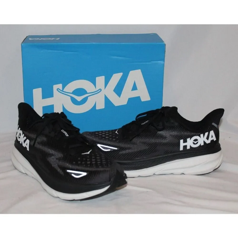 NIB HOKA ONE YOUTH 6.5 WOMEN'S 8 CLIFTON 9 BWHT‎ BLACK WHITE RUNNING SNEAKERS